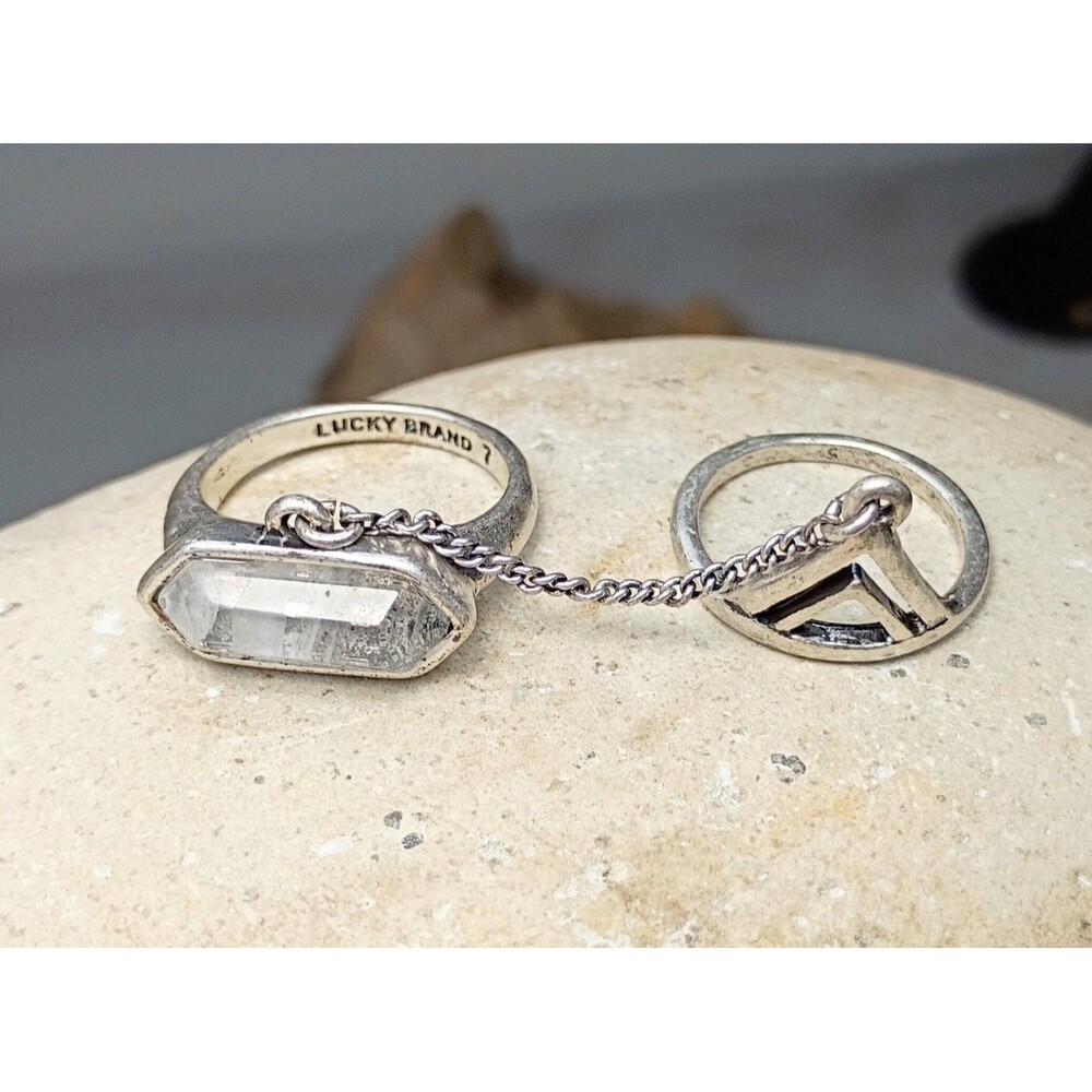 Lucky Brand Crystal Silver tone Two Ring Attached Set Size 7